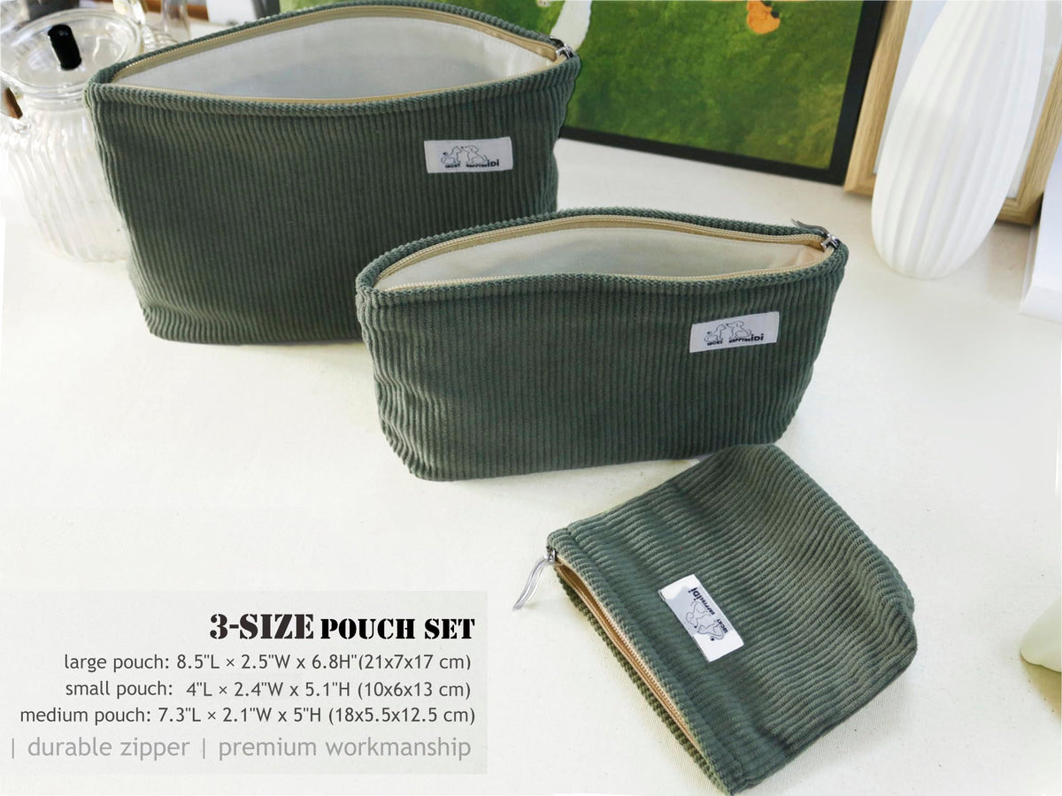 HAPPYHEIDI Large Makeup Bag Set 3 Travel Cosmetic Pouch, Dark Green