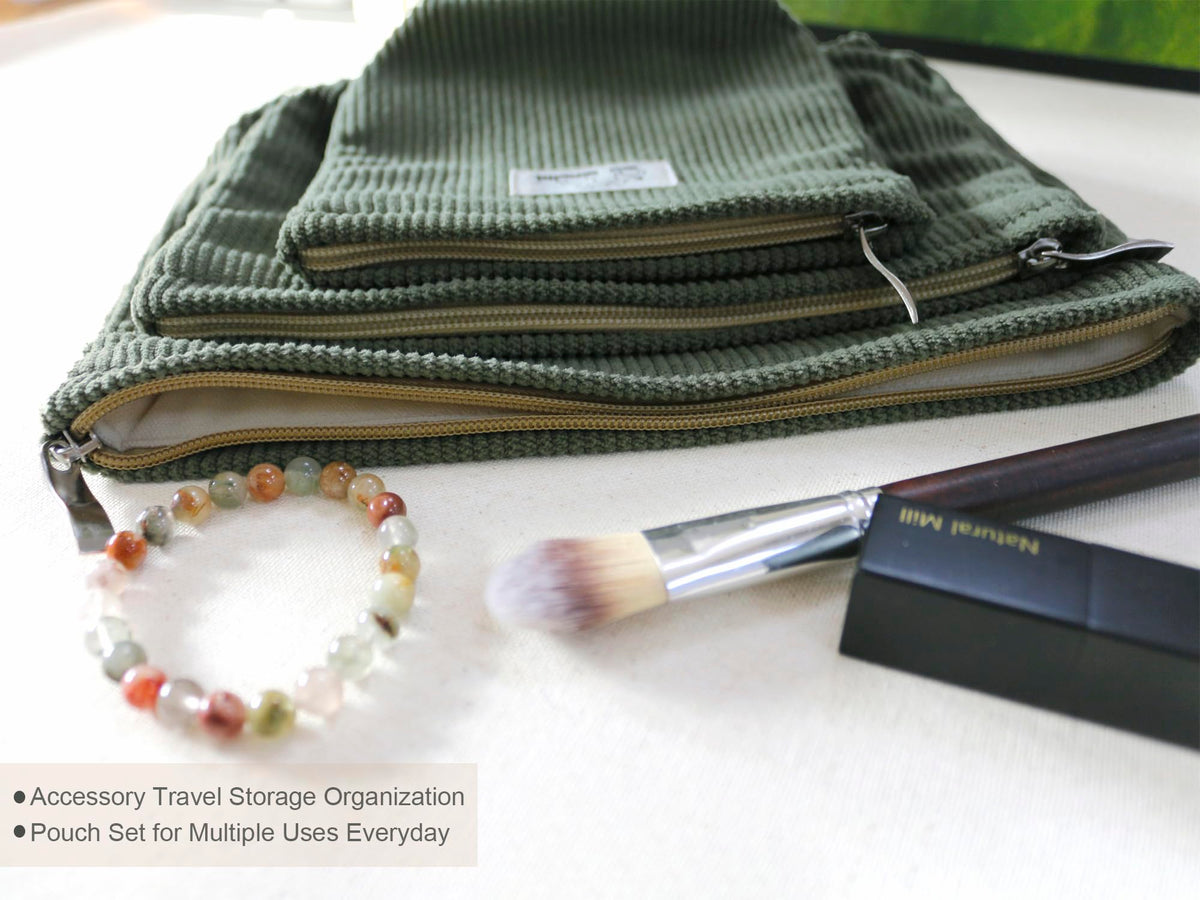 HAPPYHEIDI Large Makeup Bag Set 3 Travel Cosmetic Pouch, Dark Green