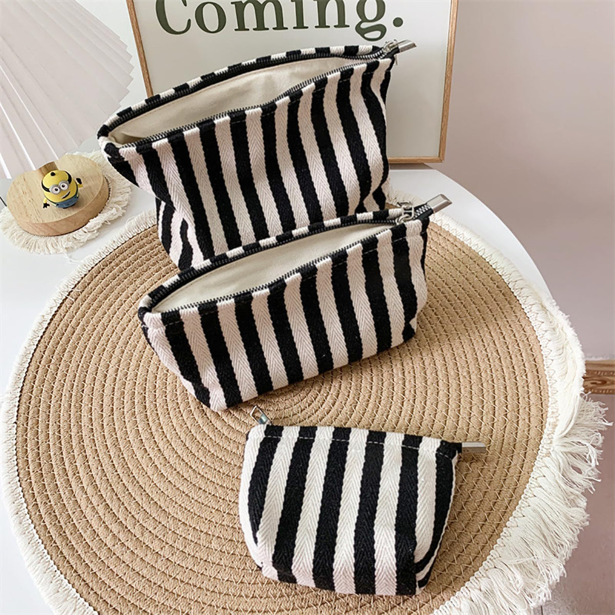 HAPPYHEIDI Small Makeup Brush Bag Zipper Pouch, Black White Striped