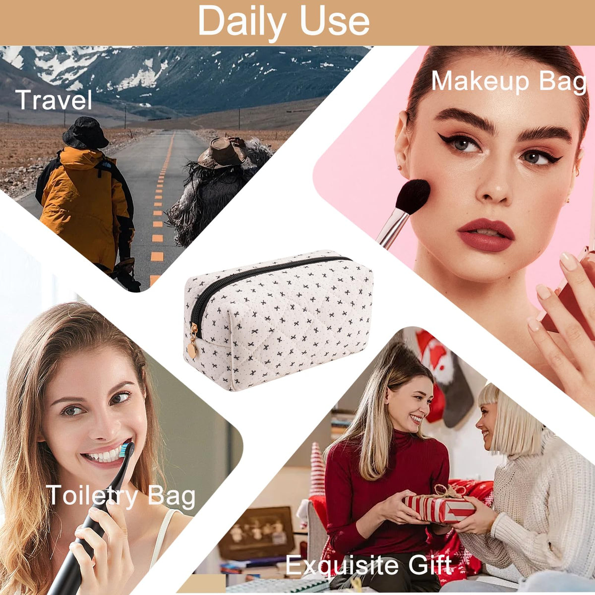 HHQQWZ Cute Floral Cotton Makeup Bag, Quilted Makeup Bag for Women Girls, Travel Floral Cosmetic Bag Zipper Make Up Pouch, Flowers Toiletry Organizer Bag (Grey/Black Bowknot)