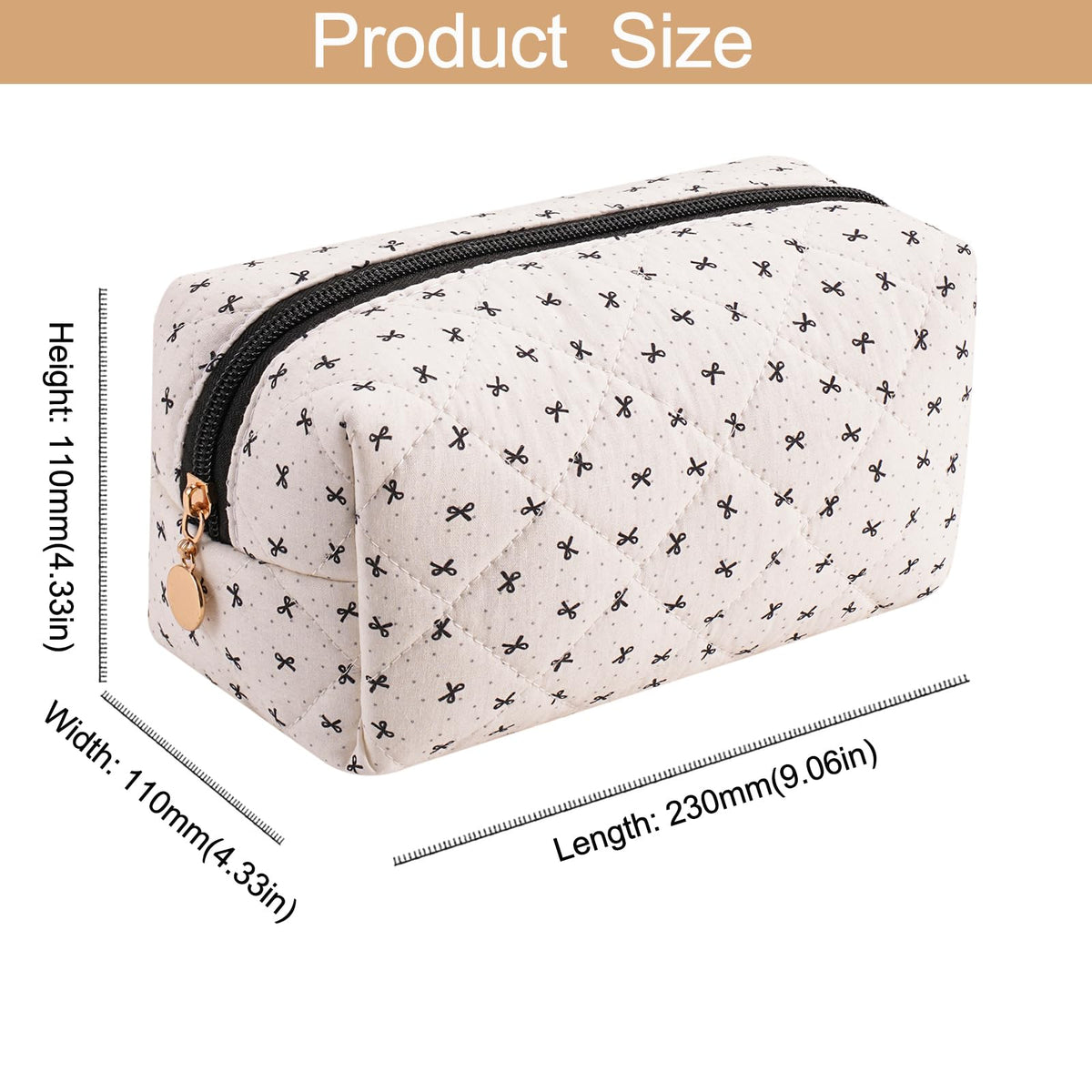 HHQQWZ Cute Floral Cotton Makeup Bag, Quilted Makeup Bag for Women Girls, Travel Floral Cosmetic Bag Zipper Make Up Pouch, Flowers Toiletry Organizer Bag (Grey/Black Bowknot)