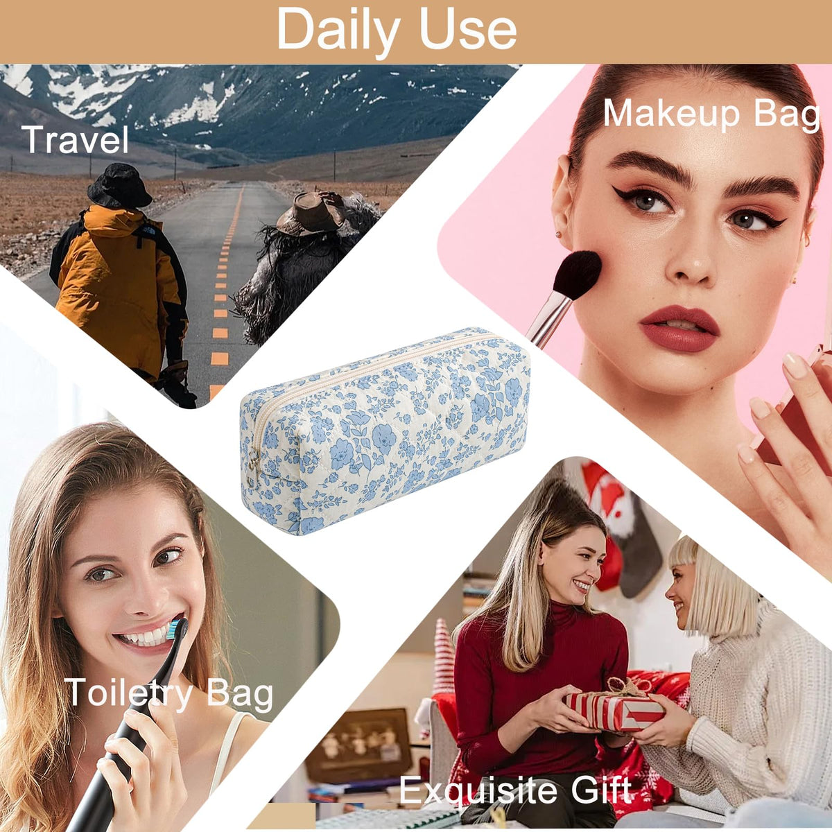 HHQQWZ Cute Floral Cotton Makeup Brush Cosmetic Bag for Women, Travel Quilted Zipper Make Up Bag, Flowers Toiletry Organizer Case Kawaii Makeup Cosmetic Travel Cloth Pouch (Blue Floral)