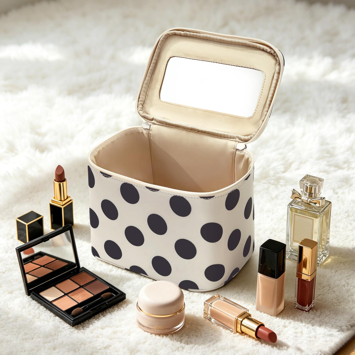 Hibilog Polka Dots Makeup Bag with Built-in Mirror, Large Capacity Nylon Cosmetic Bag, Portable Travel Toiletry Organizer with Handle for Travel (White Polka)
