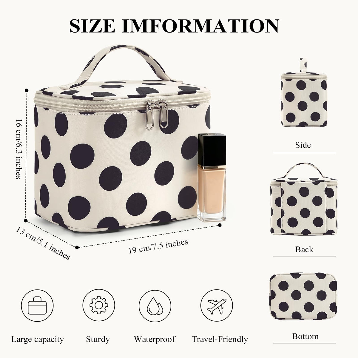 Hibilog Polka Dots Makeup Bag with Built-in Mirror, Large Capacity Nylon Cosmetic Bag, Portable Travel Toiletry Organizer with Handle for Travel (White Polka)