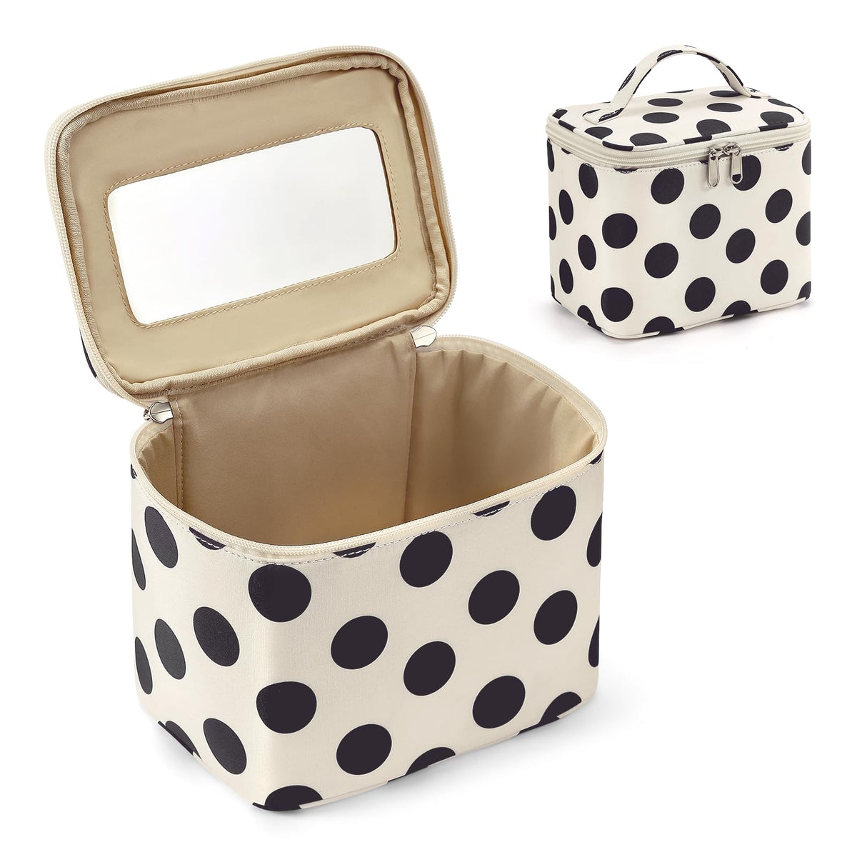 Hibilog Polka Dots Makeup Bag with Built-in Mirror, Large Capacity Nylon Cosmetic Bag, Portable Travel Toiletry Organizer with Handle for Travel (White Polka)