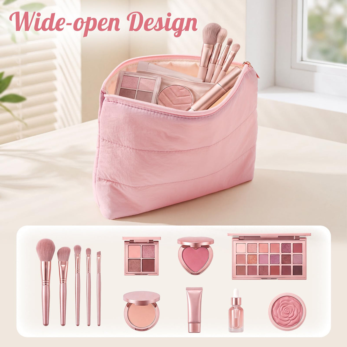 Hillban 6 Pcs Small Puffy Makeup Bags for Women, Zipper,Bright Color