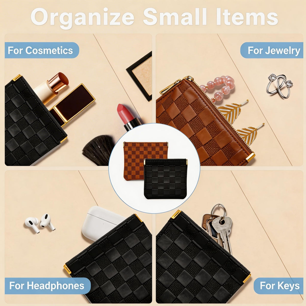 HJUHBDJ 6 Pc Small Makeup Bag for Purse, Black & Brown Coin Purse Organizer