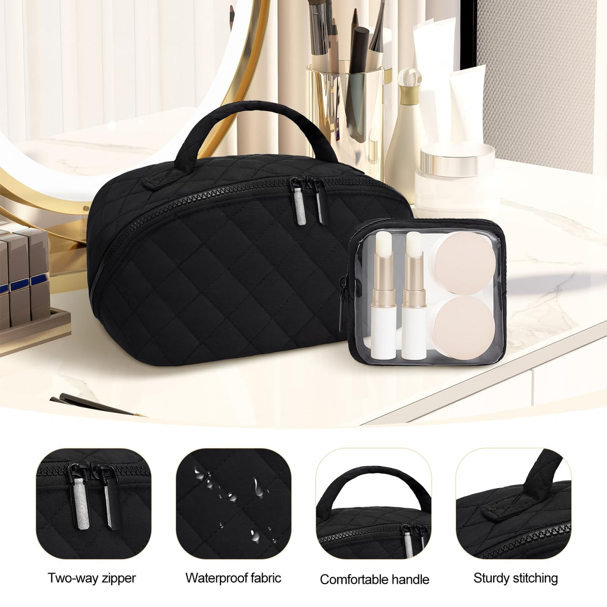 honitty Makeup Bag, Quilted Makeup Bag, Puffy Travel Make up Bags, Cosmetic Organizer Bag, Waterproof Toiletry Bag for Women