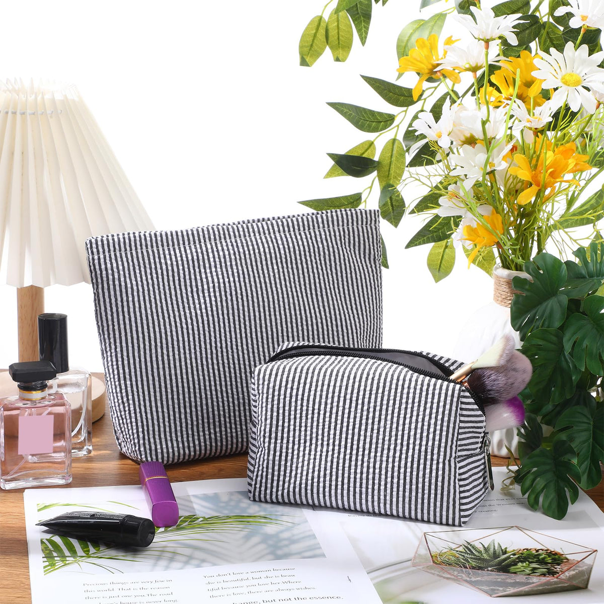 Huhumy 2 Pcs Makeup Bag Set for Women, Black, Thin Striped Seersucker