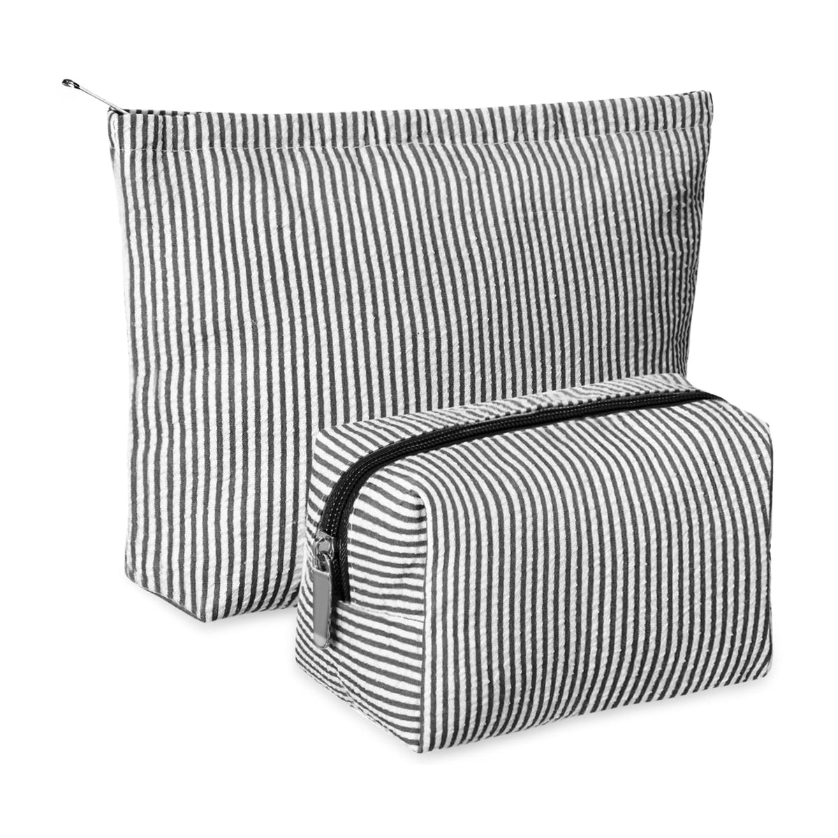 Huhumy 2 Pcs Makeup Bag Set for Women, Black, Thin Striped Seersucker