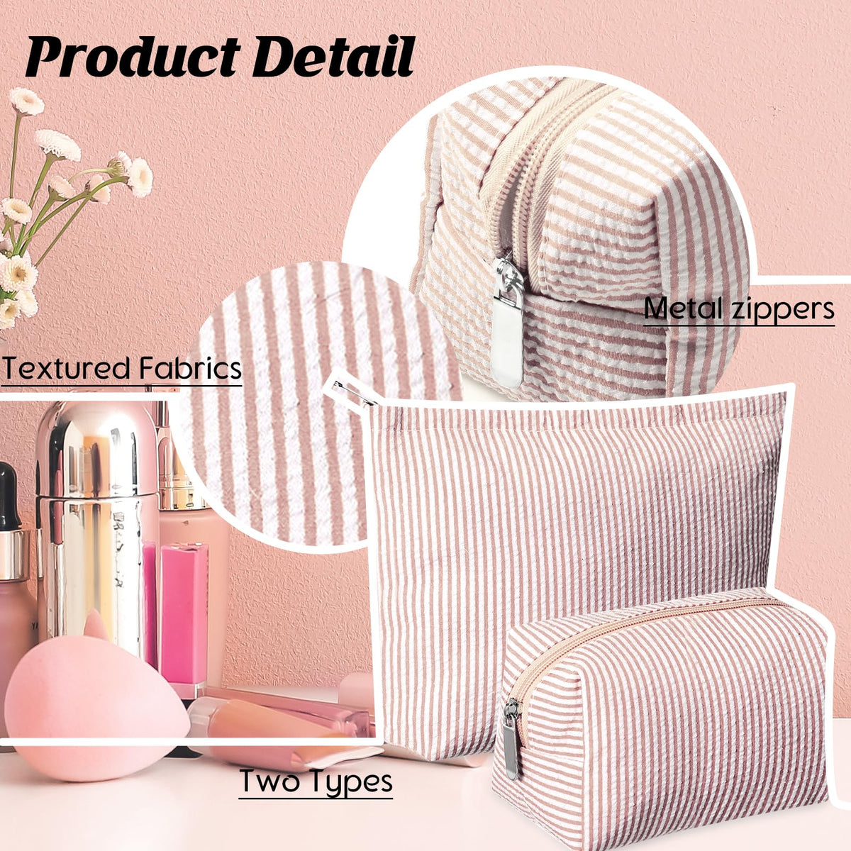 Huhumy 2 Pcs Makeup Bag Set for Women, Khaki, Thin Striped Seersucker