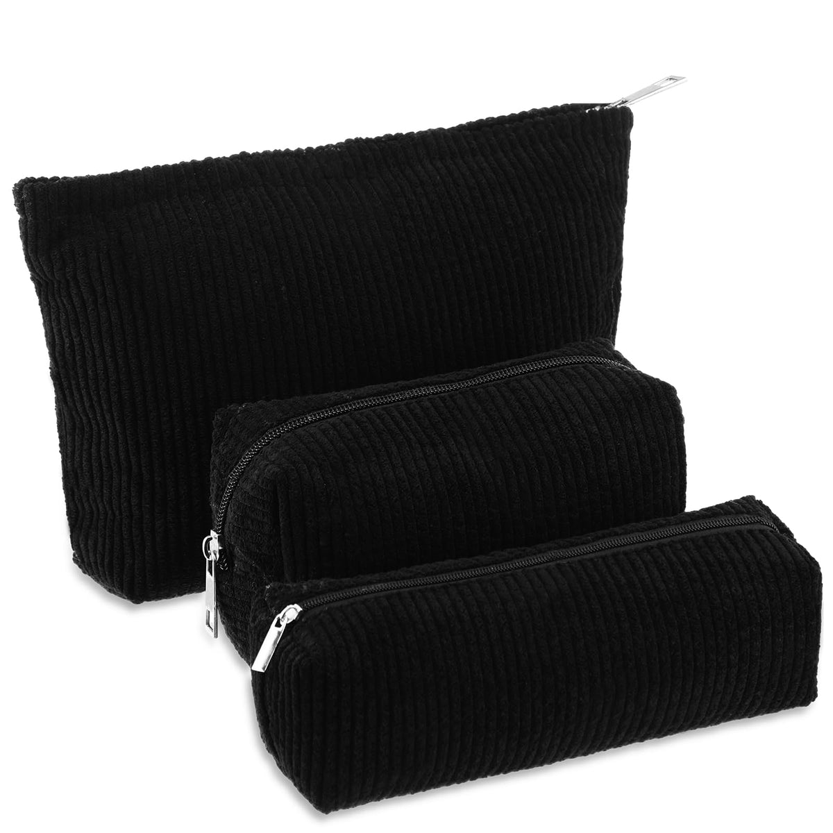 Huhumy 3 Pcs Corduroy Makeup Bag Set for Women Cute Pencil Case, Black,Solid Style