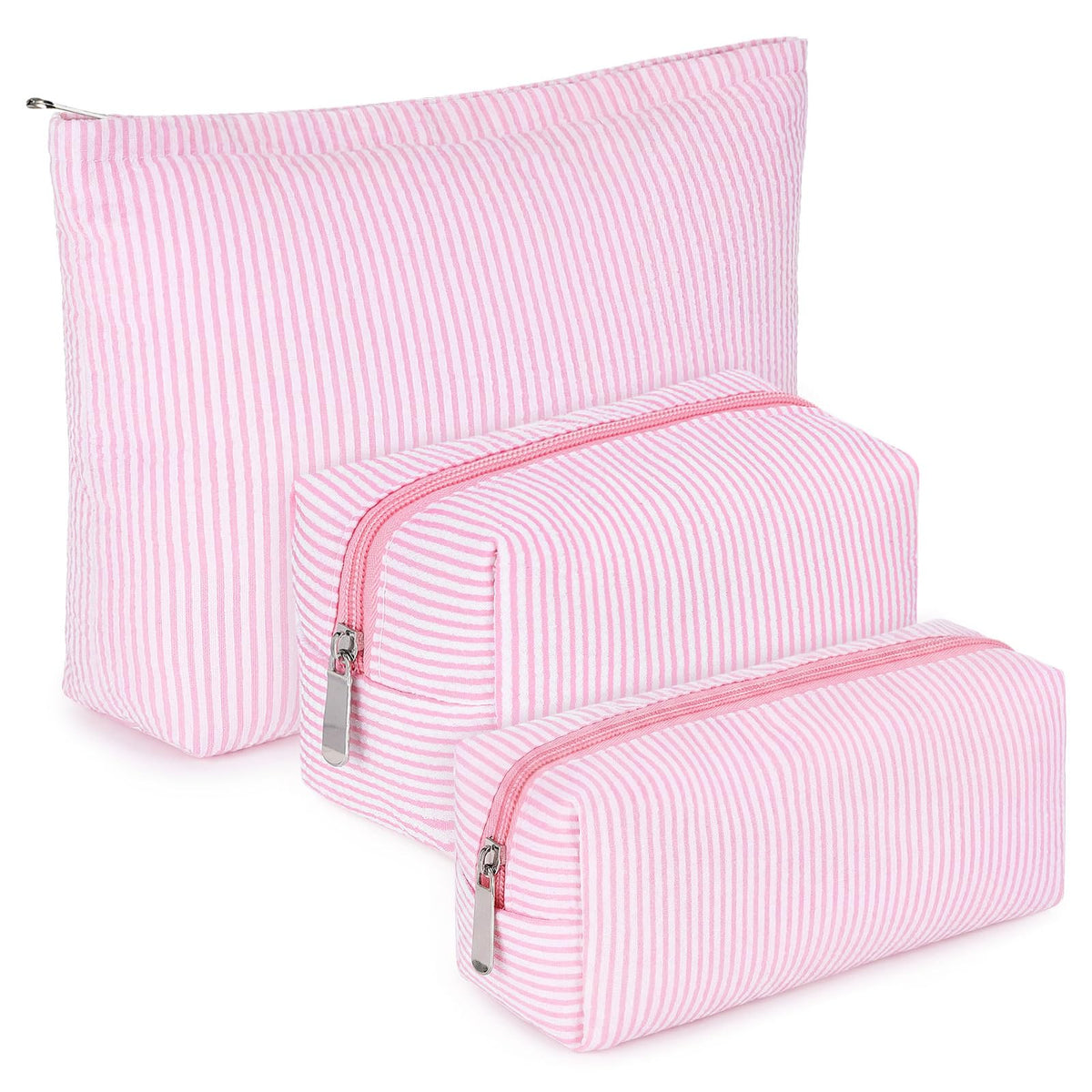Huhumy 3 Pcs Makeup Bag Set Cute Stripe Cosmetic Pouch for Women Aesthetic Seersucker Travel Toiletry Bag Set Preppy Small Makeup Purse Pouch Cosmetic Organizer Pencil Case with Zipper(Pink)