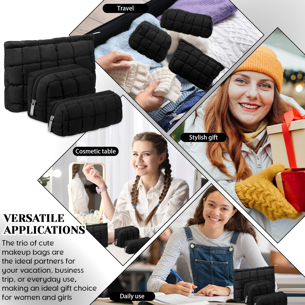 Huhumy 3 Pcs Puffy Makeup Bag Quilted Cosmetic Pouch for Women Cute Checkered Travel Toiletry Bag Puffer Makeup Organizer Purse Pouch Preppy Pencil Case with Zipper(Black)
