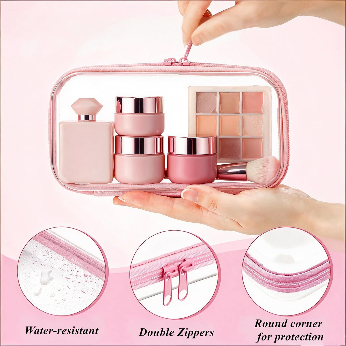 Jiejieko 4 pcs Clear Hard Shell Zipper Case, Water-Resistant Travel Makeup Bag, Diaper Bag Organizer Pouches,Clear Toiletry Bags (Pink)