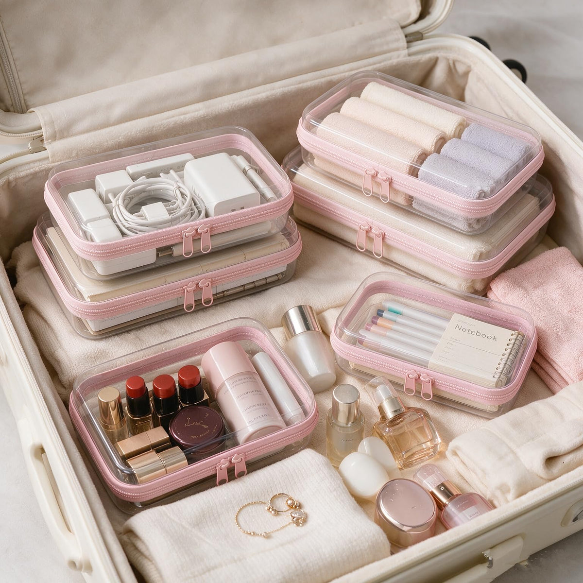 Jiejieko 4 pcs Clear Hard Shell Zipper Case, Water-Resistant Travel Makeup Bag, Diaper Bag Organizer Pouches,Clear Toiletry Bags (Pink)