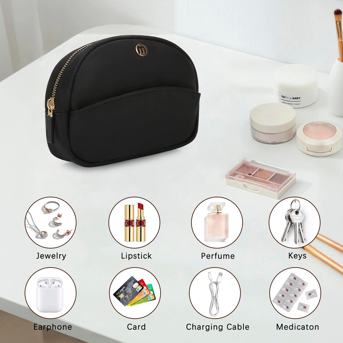 JINSI Small Travel Makeup Bag, Nylon Cosmetic Toiletry Organizer Pouch