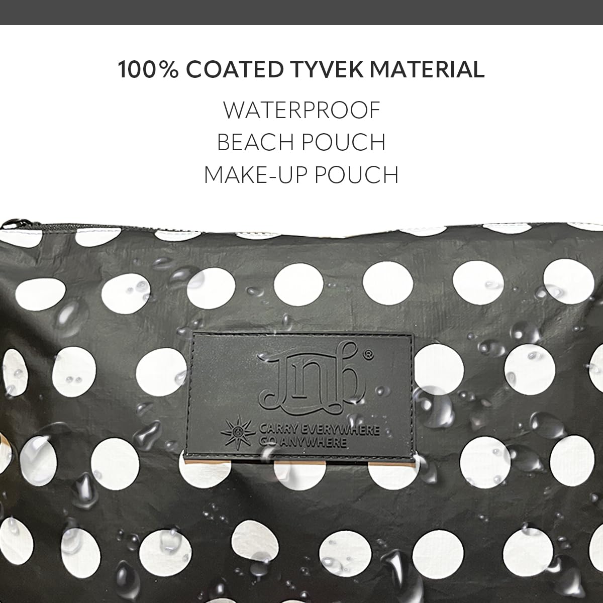 JNB 100% Coated Tyvek Material Polka Dot Beach Pouch, Waterproof Pouch for Beach, Make-up, Wet Dry Bag,Clutch, Bk01