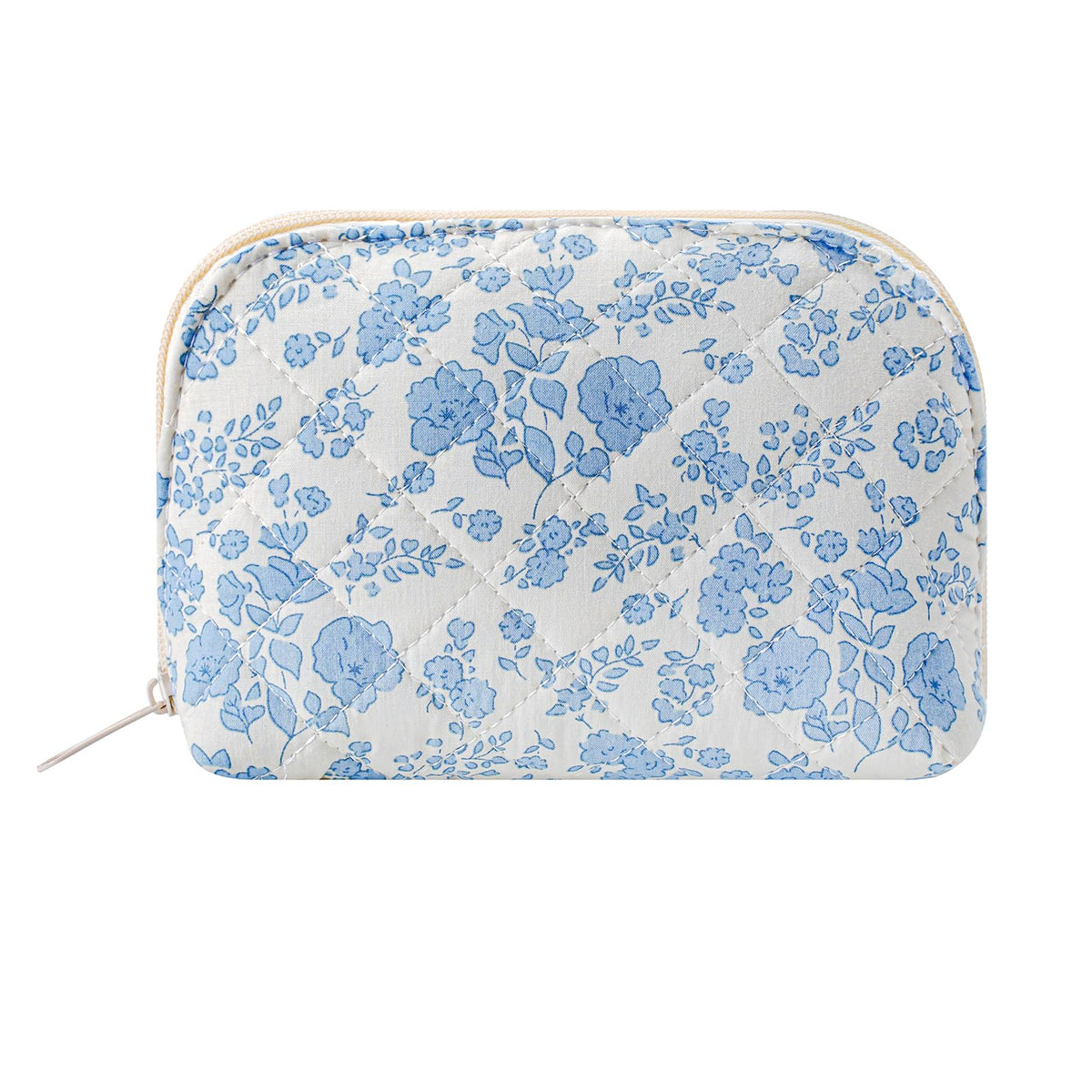 JOVAKIT Quilted Conch Shaped Makeup Bag Cosmetic Bag for Women, Floral Coquette Cotton Travel Makeup Case Toiletry Zipper Make Up Pouch, Travel Storage Organizer Stuff (Blue Floral)