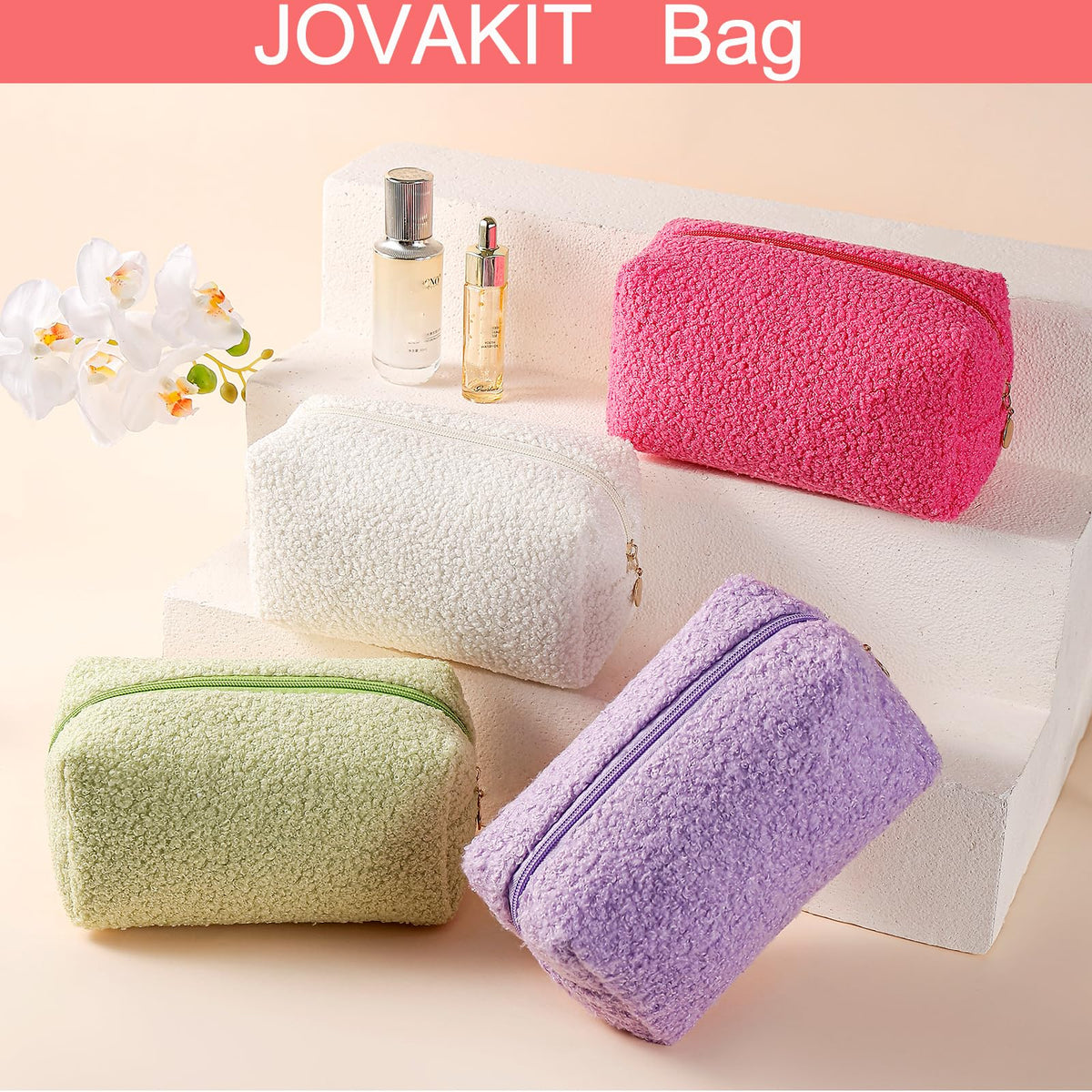 JOVAKIT Travel Makeup Bag Cosmetic Bag for Women, Fashion Christmas Gifts, Plush Zipper Make Up Pouch, Large Capacity Toiletry Organizer Makeup, Portable Storage Bag Trendy Stuff (White)