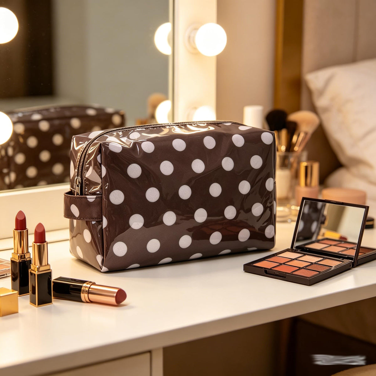 JQWYGB Small Polka Dots Cosmetic Bags Women’s PVC Makeup Purse Waterproof Toiletry Bag Multi-Use Cosmetic Pouch Travel Work