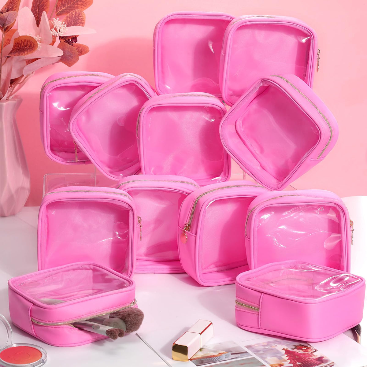 Kacctyen 12 Pcs Mini Square Makeup Bag 5.12 Inch Small Pink Nylon Pouch for Purse Mini Transparent Nylon Pouch with Zipper Small Cosmetic Travel Makeup Bag Purse Organizer for Women