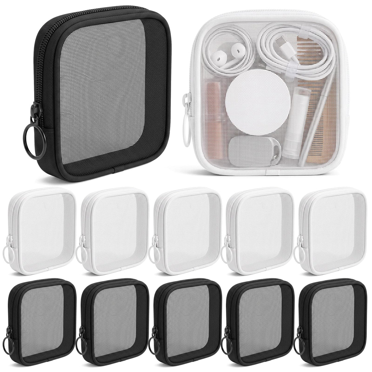 Kacctyen 12 Pcs Mini Zipper Nylon Mesh Pouch, Black,White