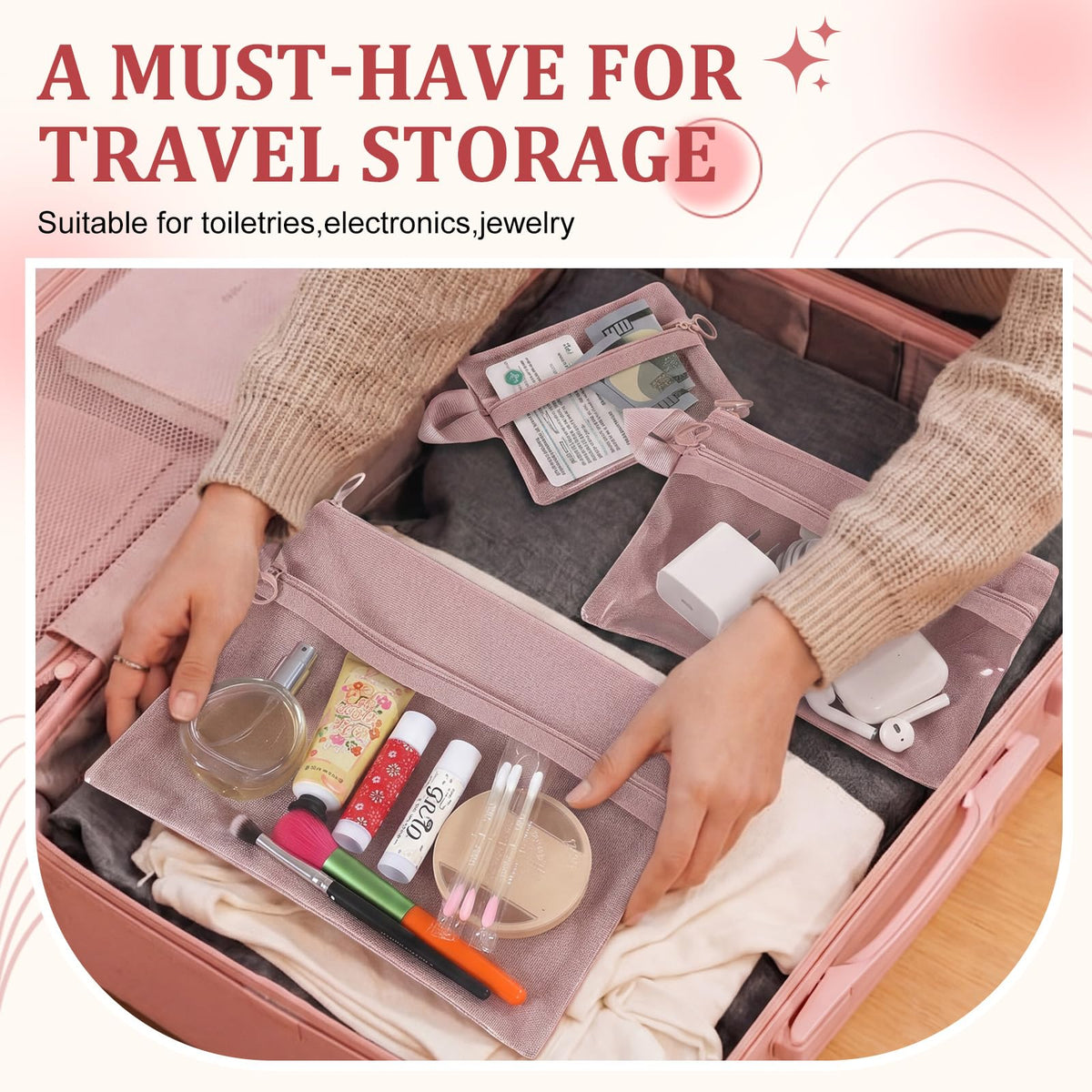 Kacctyen 3 Pack Clear Makeup Bag Set for Women, Pouch with Zipper Cosmetic Pouches Waterproof PVC Toiletry Bag Travel Purse Organizer Insert Double-layer Pocket for Small Items Storage(Pink)