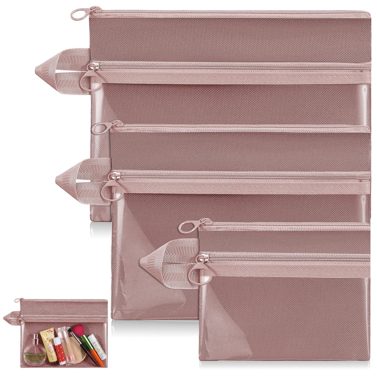 Kacctyen 3 Pack Clear Makeup Bag Set for Women, Pouch with Zipper Cosmetic Pouches Waterproof PVC Toiletry Bag Travel Purse Organizer Insert Double-layer Pocket for Small Items Storage(Pink)