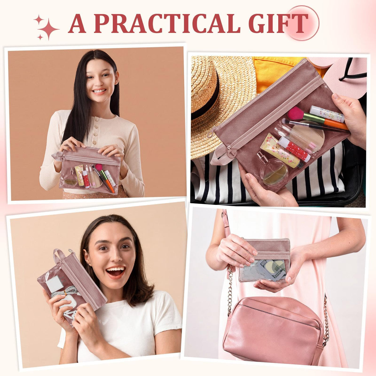 Kacctyen 3 Pack Clear Makeup Bag Set for Women, Pouch with Zipper Cosmetic Pouches Waterproof PVC Toiletry Bag Travel Purse Organizer Insert Double-layer Pocket for Small Items Storage(Pink)