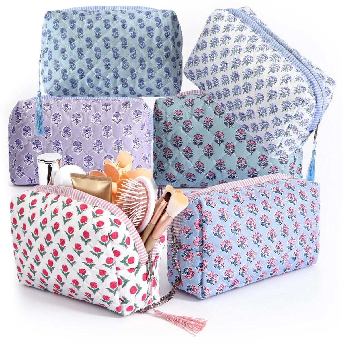 Kacctyen 6 Pcs Block Print Makeup Bags Cotton Quilted Blue Toiletry Makeup Bag with Tassel Flower Pouch Emergency Travel Toiletry Bridesmaid Engagement Bridal Shower Gift for Women (Blue Ditsy)