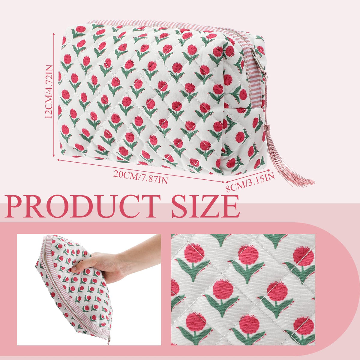 Kacctyen 6 Pcs Block Print Makeup Bags Cotton Quilted Blue Toiletry Makeup Bag with Tassel Flower Pouch Emergency Travel Toiletry Bridesmaid Engagement Bridal Shower Gift for Women (Blue Ditsy)