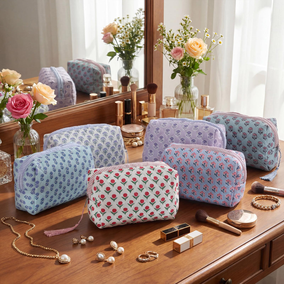 Kacctyen 6 Pcs Block Print Makeup Bags Cotton Quilted Blue Toiletry Makeup Bag with Tassel Flower Pouch Emergency Travel Toiletry Bridesmaid Engagement Bridal Shower Gift for Women (Blue Ditsy)