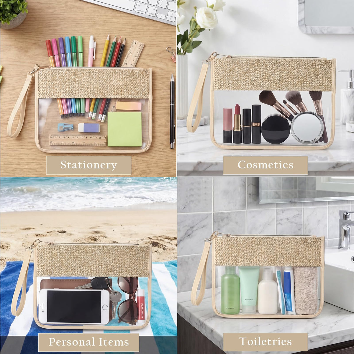 Kajaia 6 Pcs Boho Clear Cosmetic Bags Flat Zipper Pouches for Women Small Toiletry Makeup Bag Waterproof Cosmetic Pouch Clear Zipper Pouches Portable Organizer Makeup Pouch for Travel(Boho Beige)