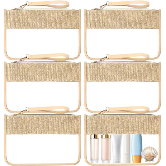 Kajaia 6 Pcs Boho Clear Cosmetic Bags Flat Zipper Pouches for Women Small Toiletry Makeup Bag Waterproof Cosmetic Pouch Clear Zipper Pouches Portable Organizer Makeup Pouch for Travel(Boho Beige)