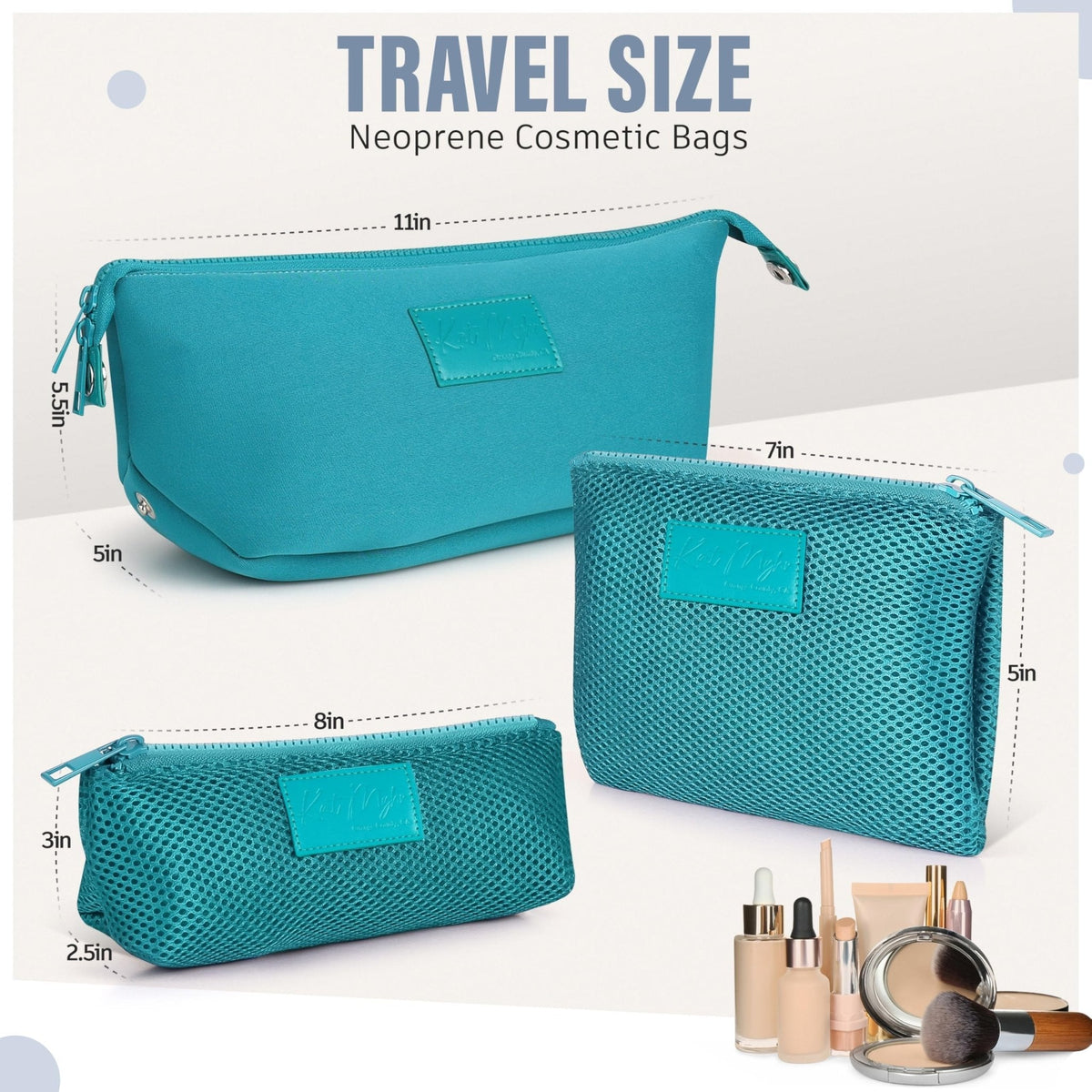 Kat Myhr Neoprene Washable Travel Makeup & Cosmetic Bag Set, 2 Air Mesh Pouches,100% Neoprene Toiletry Bag, Large Water Resistant Travel Bag for Toiletries, Makeup Cosmetic Travel Bag (Turquoise)
