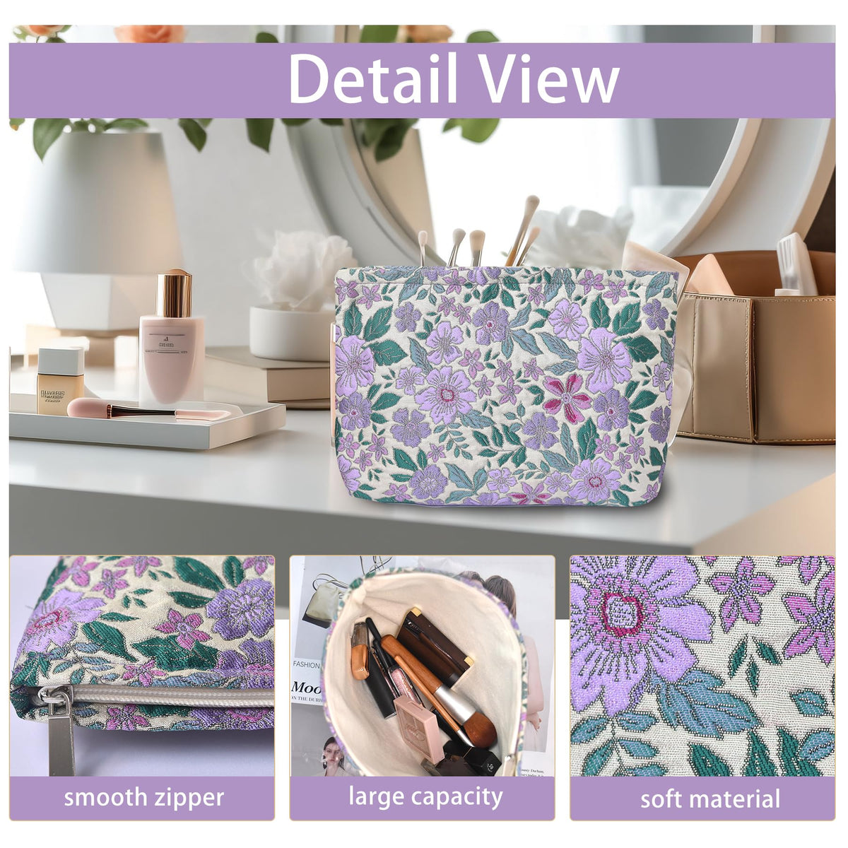 KeYaMee Make Up Bag Cosmetic Bags for Travel Women Floral Organizer Pouch
