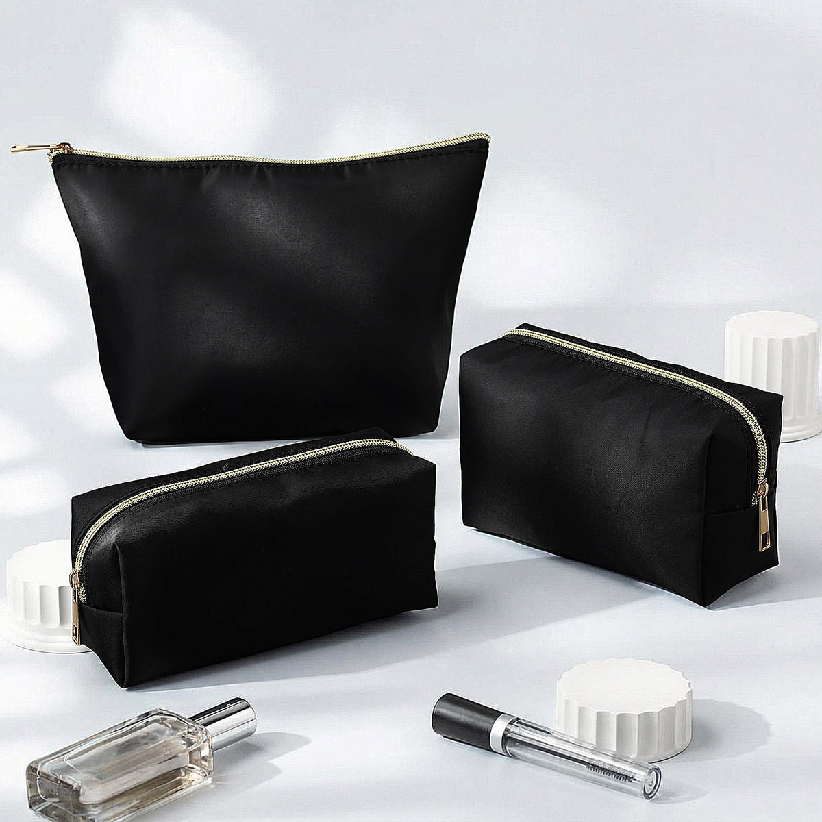 Kigeli 3 Pcs Nylon Makeup Bag Set for Women Aesthetic Cosmetic Bag with Interior Pocketes Preppy Cute Purse Pouch Makeup Brushes Storage Organizer for Travel(Black)