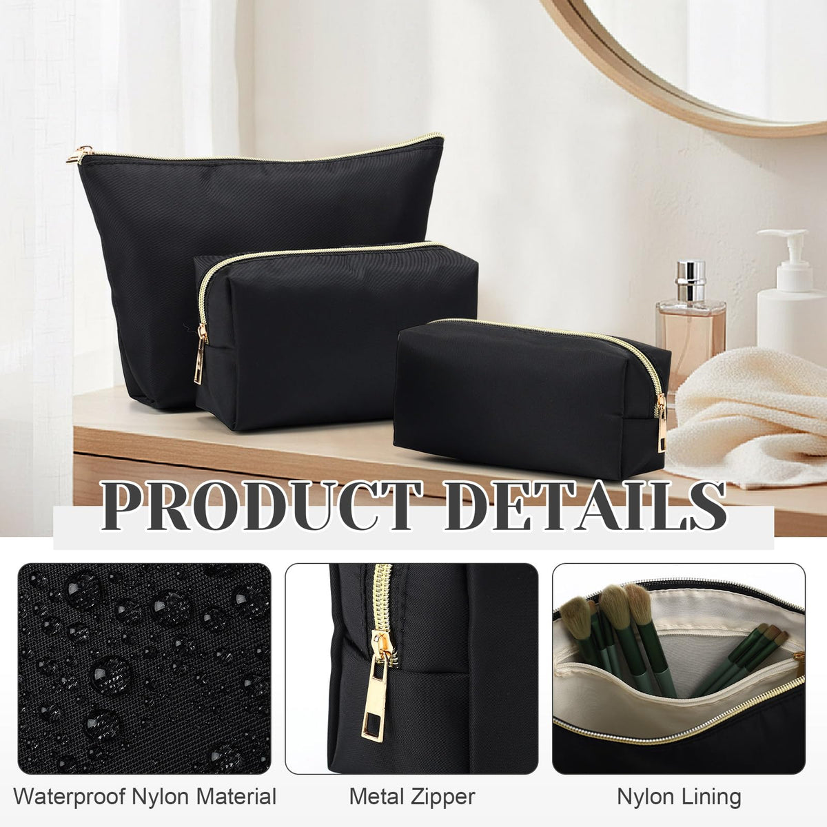 Kigeli 3 Pcs Nylon Makeup Bag Set for Women Aesthetic Cosmetic Bag with Interior Pocketes Preppy Cute Purse Pouch Makeup Brushes Storage Organizer for Travel(Black)