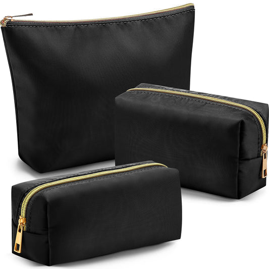 Kigeli 3 Pcs Nylon Makeup Bag Set for Women Aesthetic Cosmetic Bag with Interior Pocketes Preppy Cute Purse Pouch Makeup Brushes Storage Organizer for Travel(Black)