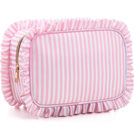 Kigeli Ruffle Makeup Bag Preppy Makeup Pouch Large Travel Cosmetic Bag Nylon Waterproof Toiletry Make up Organizer for Women(Striped,Pink)