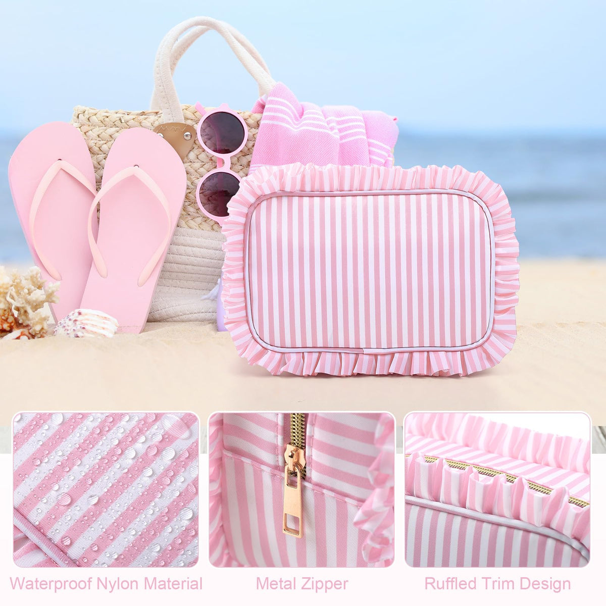 Kigeli Ruffle Makeup Bag Preppy Makeup Pouch Large Travel Cosmetic Bag Nylon Waterproof Toiletry Make up Organizer for Women(Striped,Pink)