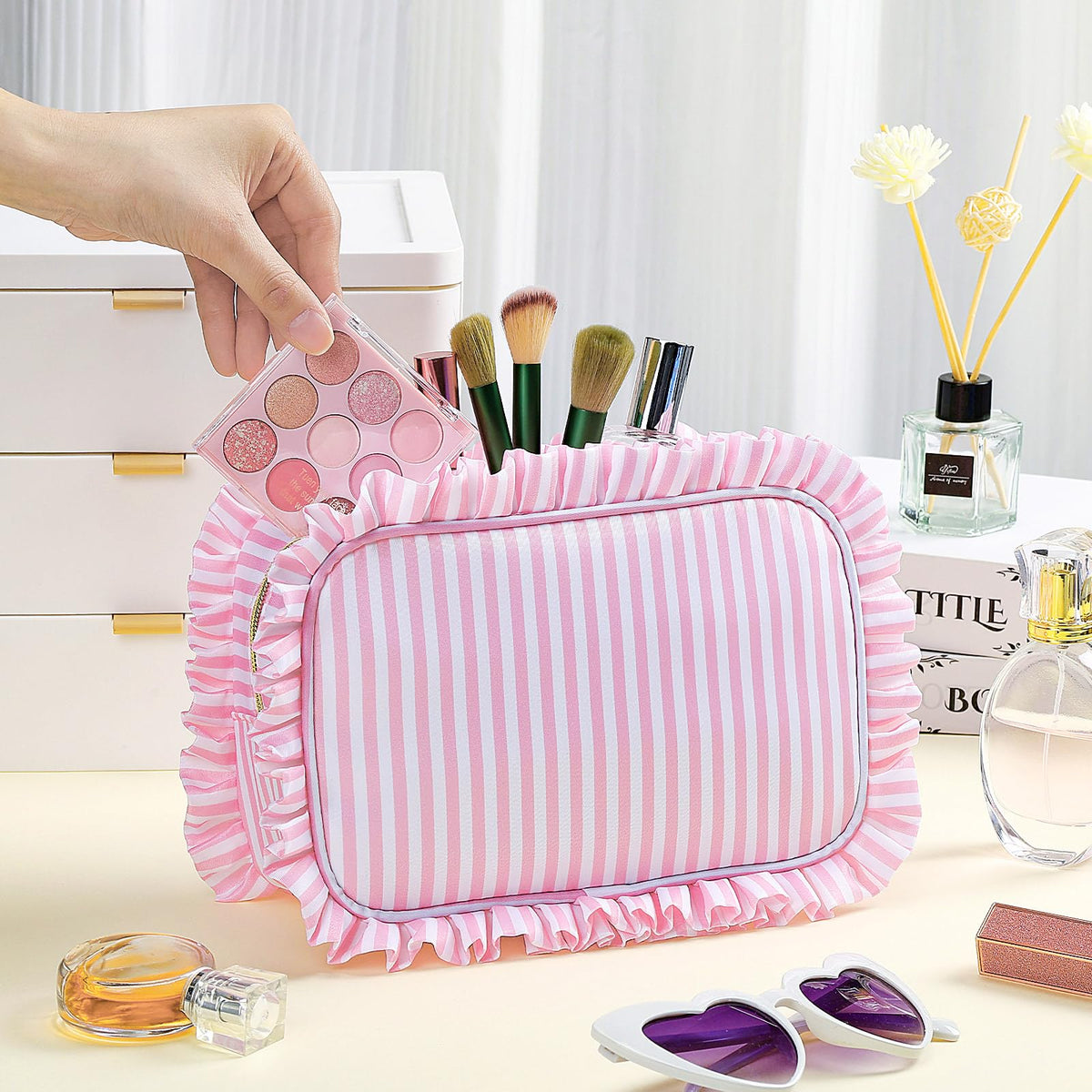 Kigeli Ruffle Makeup Bag Preppy Makeup Pouch Large Travel Cosmetic Bag Nylon Waterproof Toiletry Make up Organizer for Women(Striped,Pink)