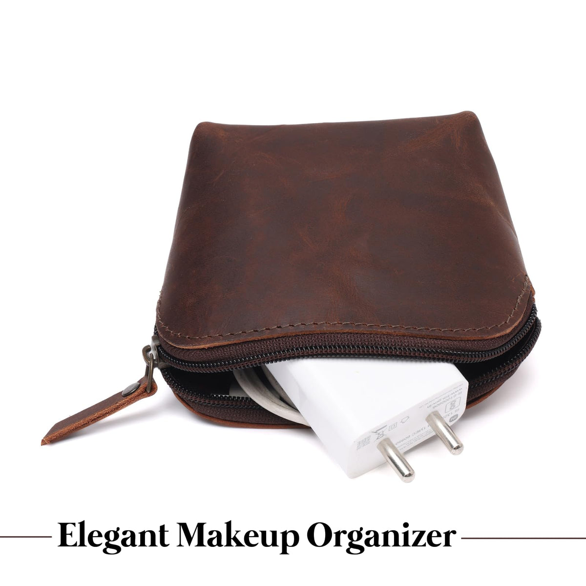 Leather Cosmetic Bag for Women & Men, Handmade Makeup Pouch, Small Travel Toiletry Case, Zippered Jewelry & Coin Organizer, Compact Purse Makeup Storage, Brown Leather (1, Brown, 4 x 4 x 3 Inch)