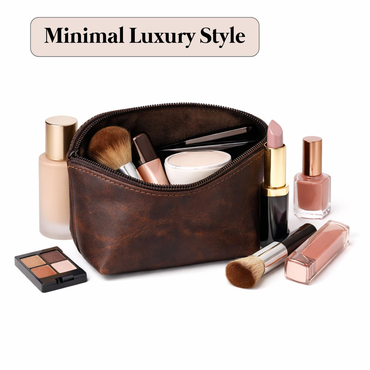 Leather Cosmetic Bag for Women & Men, Handmade Makeup Pouch, Small Travel Toiletry Case, Zippered Jewelry & Coin Organizer, Compact Purse Makeup Storage, Brown Leather (1, Brown, 4 x 4 x 3 Inch)