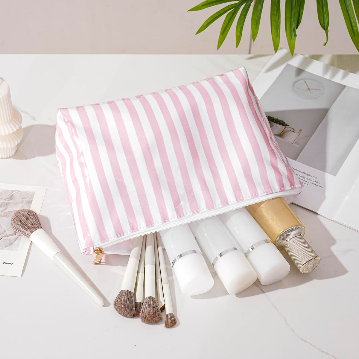 Lestikave Large PVC Waterproof Striped Makeup Bag(04Pink Stripe)