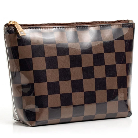 LETGO Dark Brown White Checkered Makeup Bag for Women,Waterproof Travel Beach Cosmetic Pouch,Sandproof Sunscreen Bag Pouch,Preppy Makeup Bag for Vacation Beach Summer Essentials(Checkered-Tan)