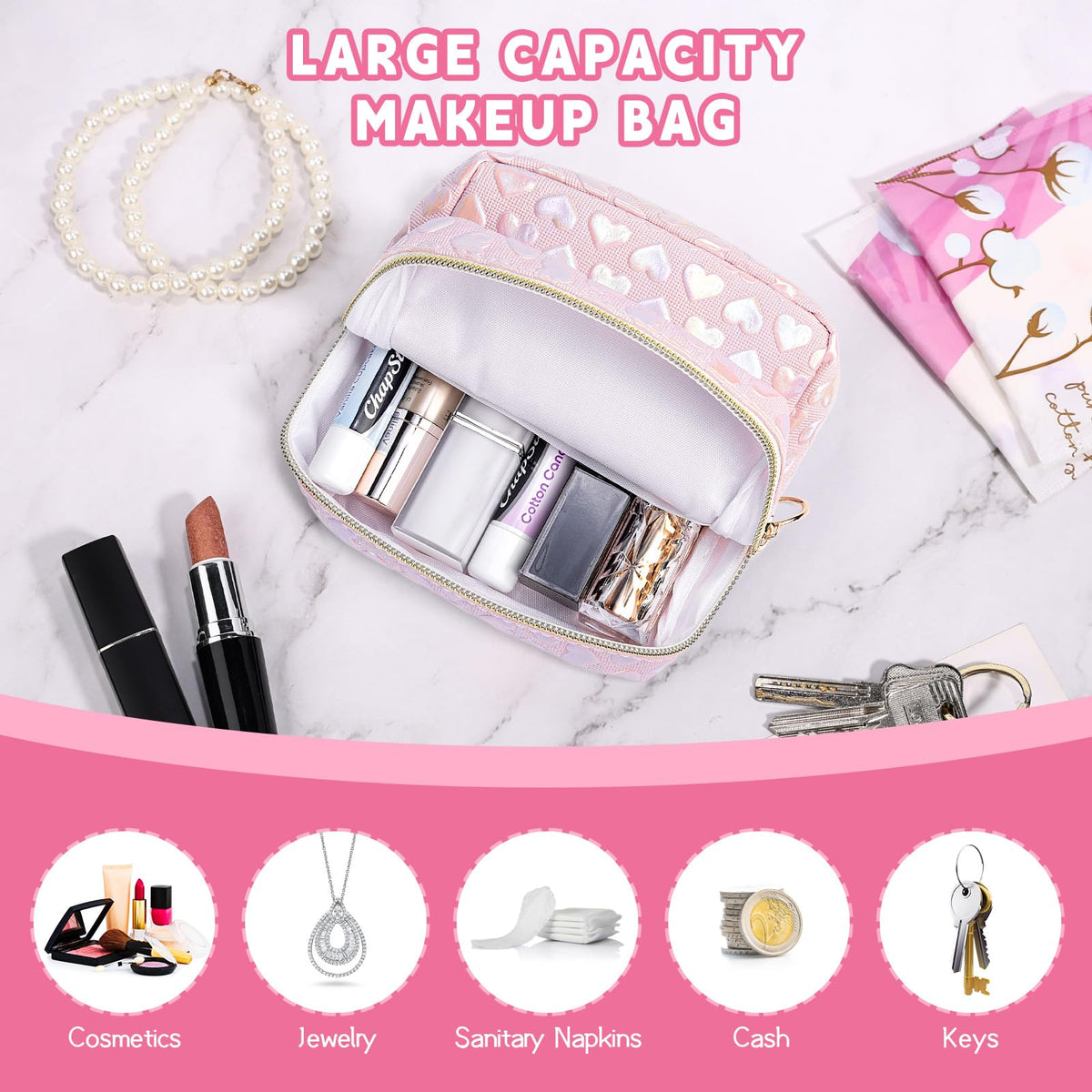 Likesing 5.1" Mini Makeup Bag for Purse, Leather Small Makeup Pouch Travel Cosmetic Make up Bags for Women Girls, Cute Preppy Mini Toiletry Bag Coin Pouch Period Bag(3D Love Pink)