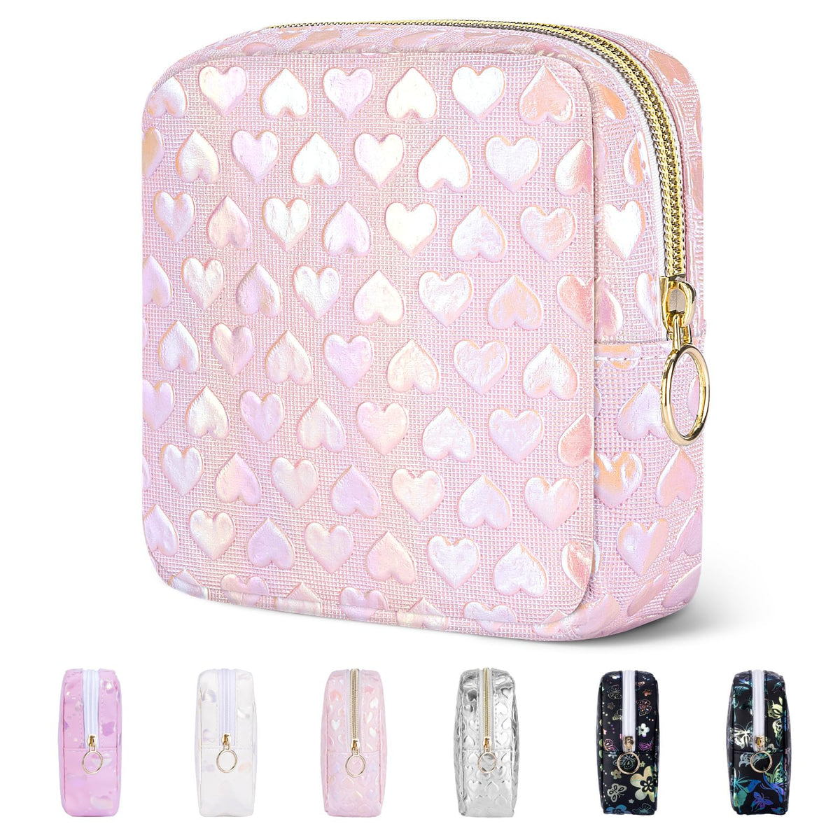 Likesing 5.1" Mini Makeup Bag for Purse, Leather Small Makeup Pouch Travel Cosmetic Make up Bags for Women Girls, Cute Preppy Mini Toiletry Bag Coin Pouch Period Bag(3D Love Pink)
