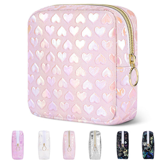 Likesing 5.1" Mini Makeup Bag for Purse, Leather Small Makeup Pouch Travel Cosmetic Make up Bags for Women Girls, Cute Preppy Mini Toiletry Bag Coin Pouch Period Bag(3D Love Pink)